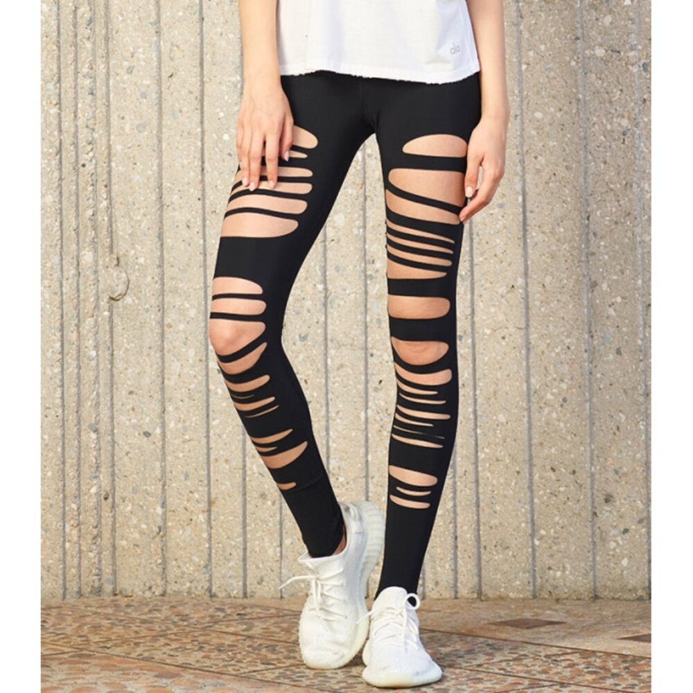 Alo High-Waist Extreme Ripped Warrior Leggings Black Edgy Hi-Rise Destroyed Pant - Picture 2 of 15